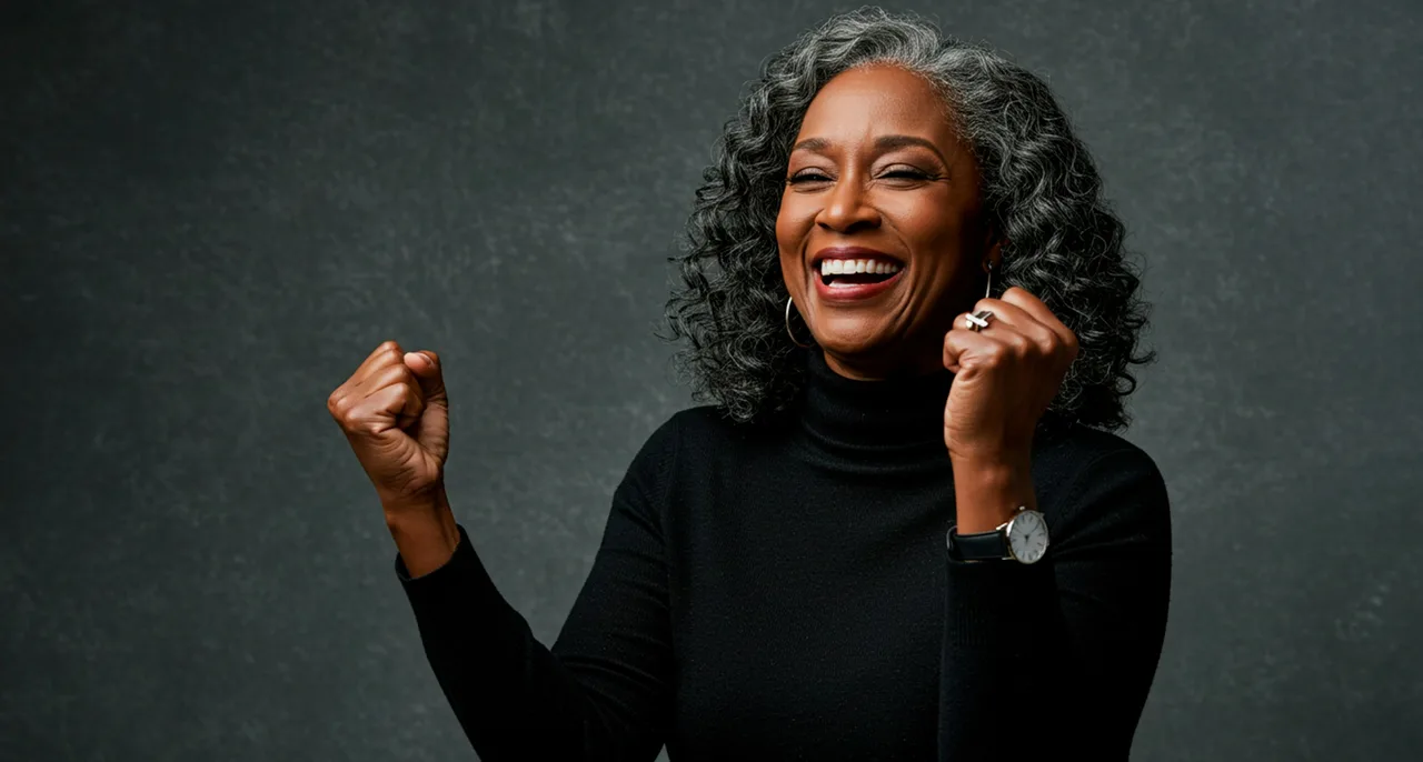 A grey-haired woman smiling and raising her fists in celebration
