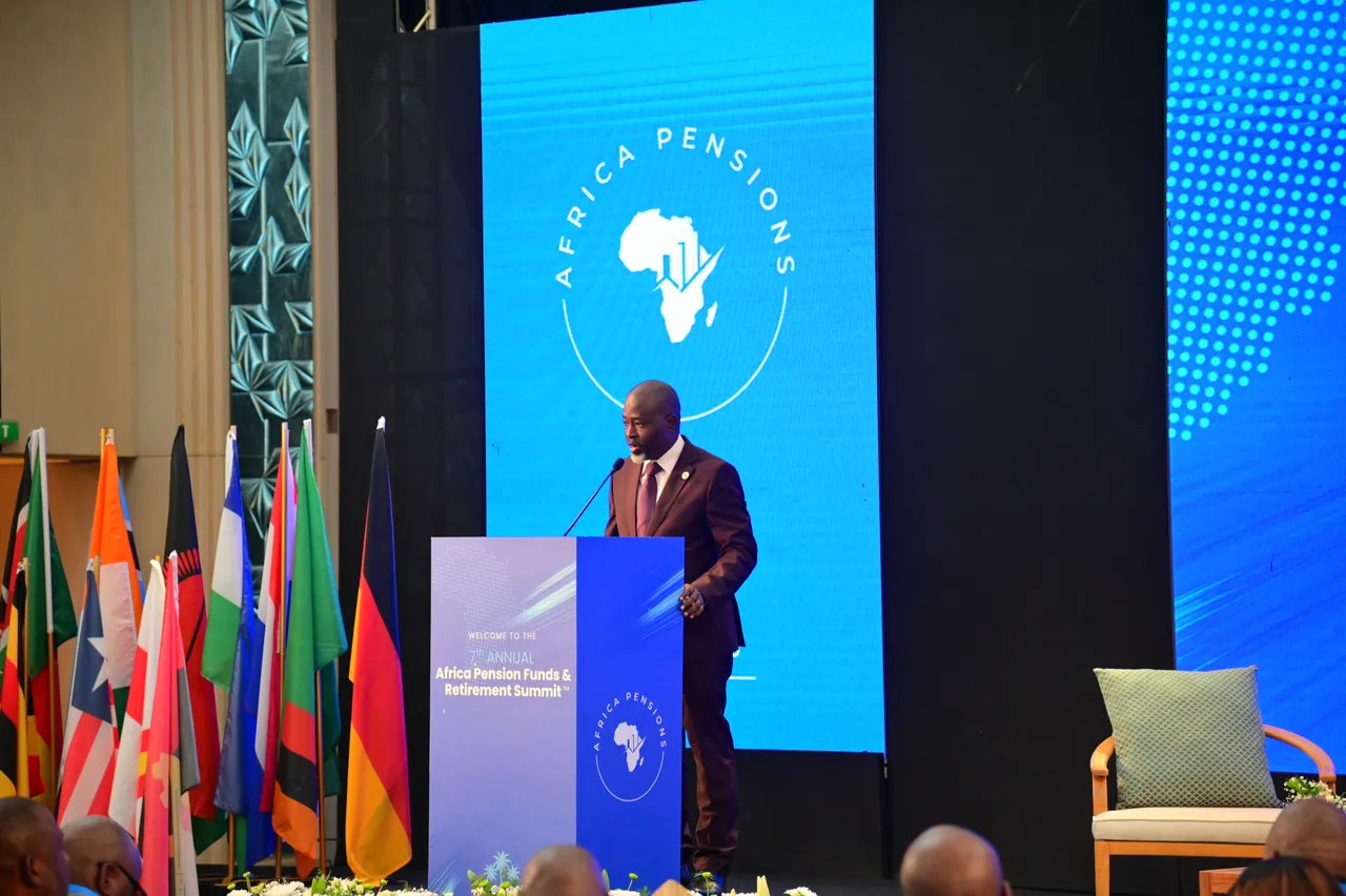 A plenary session of the summit flanked by national flags