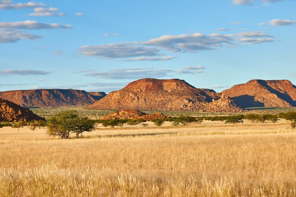 Namibian savanna and rock formations under open sky outside Windhoek